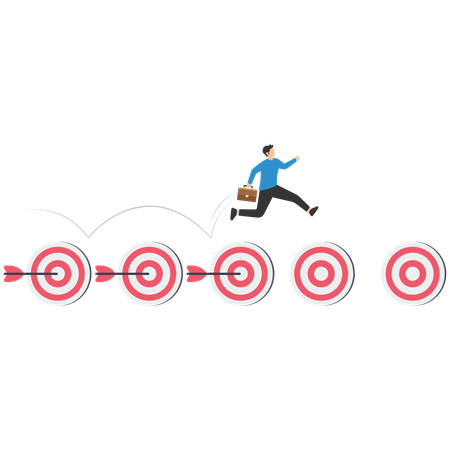 Empresário segurando flecha e arco salta sobre metas alcançadas  Ilustração
