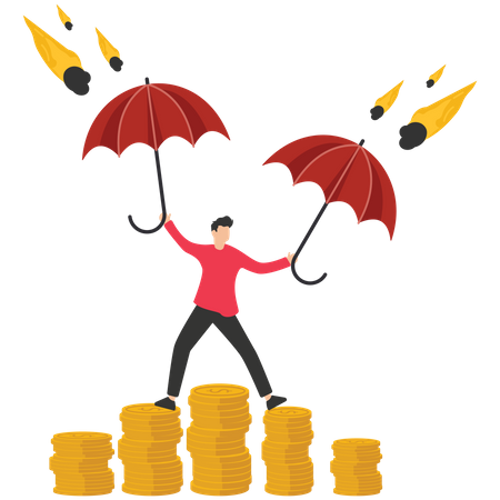 Empresário segurando guarda-chuva forte para proteger moedas de dinheiro  Ilustração