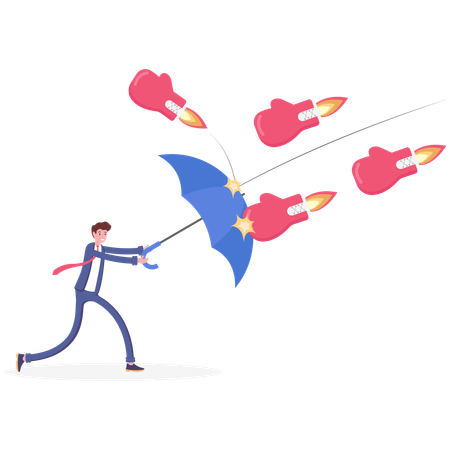 Empresário segurando guarda-chuva protege de luvas de boxe  Ilustração