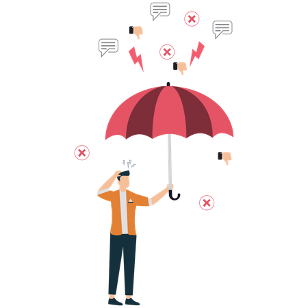 Empresário segurando guarda-chuva para se proteger de feedback negativo  Ilustração