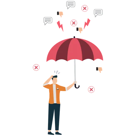 Empresário segurando guarda-chuva para se proteger de feedback negativo  Ilustração