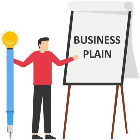 Empresário segurando lápis vai escrever plano de negócios no quadro negro  Ilustração