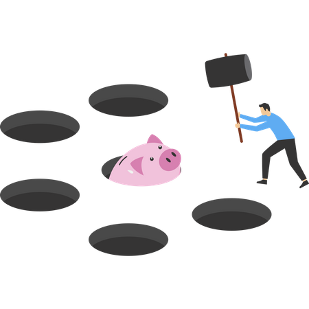 Empresário segurando martelo para bater em um cofrinho  Ilustração