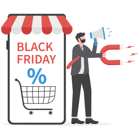 Empresário segurando megafone e atraindo clientes para liquidação de compras na Black Friday  Ilustração