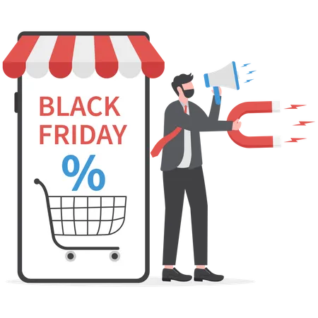 Empresário segurando megafone e atraindo clientes para liquidação de compras na Black Friday  Ilustração