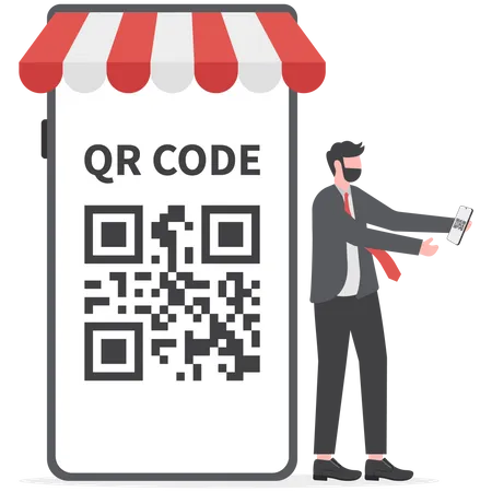 Empresário segurando smartphone usa pagamento por código QR  Ilustração