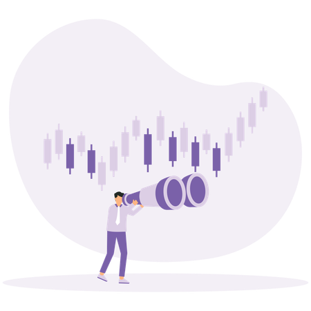 Empresário segurando telescópio enquanto faz pesquisa de mercado de ações  Ilustração