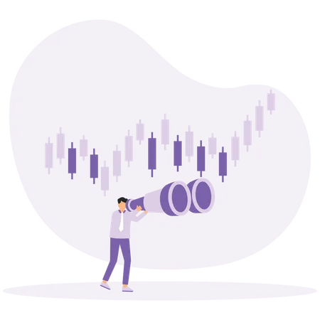 Empresário segurando telescópio enquanto faz pesquisa de mercado de ações  Ilustração