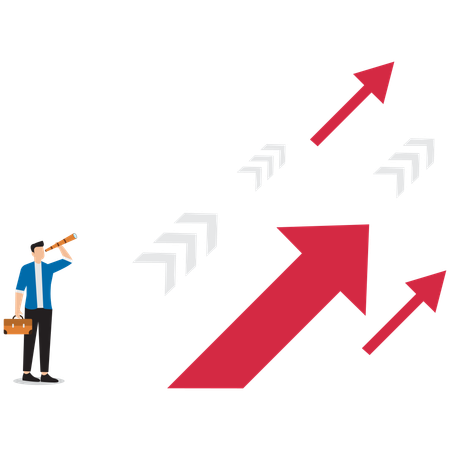 Empresário segurando um telescópio em pé olhando para a seta vermelha em direção ao sucesso profissional  Ilustração