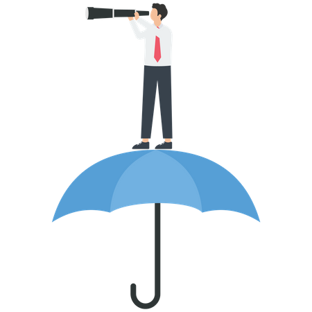 Empresário segurando um telescópio em pé sobre um guarda-chuva  Ilustração