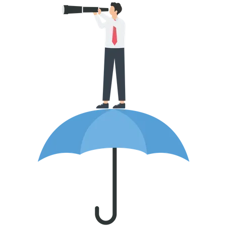 Empresário segurando um telescópio em pé sobre um guarda-chuva  Ilustração