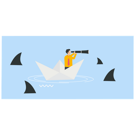 Empresário segurando um telescópio em um barquinho de papel com um tubarão no mar  Ilustração