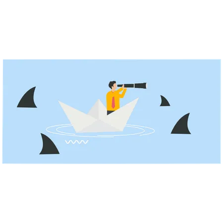 Empresário segurando um telescópio em um barquinho de papel com um tubarão no mar  Ilustração