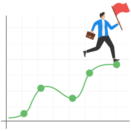 Empresário segurando bandeira de sucesso em cima do gráfico  Ilustração