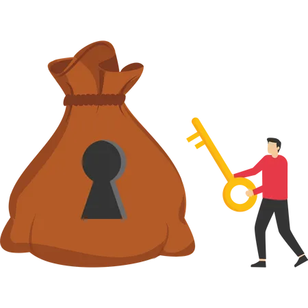 Empresário segurando a chave de ouro para o saco de dinheiro com fechadura e pilha de moedas de ouro  Ilustração