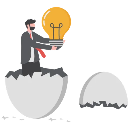 Empresário segurando uma lâmpada de grande ideia e saindo de uma casca de ovo gigante  Ilustração
