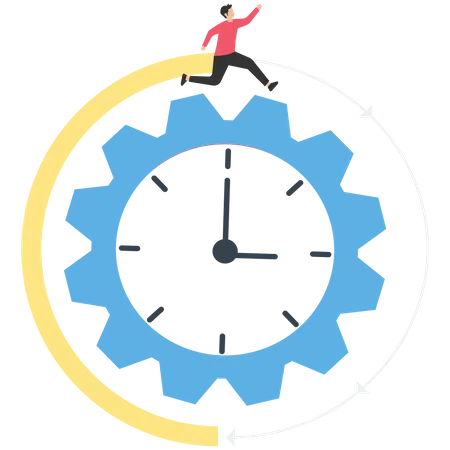 Empresário segurando mala pulando nos ponteiros do relógio metáfora de gerenciamento de tempo  Ilustração