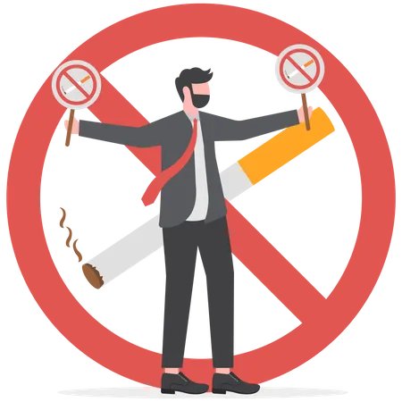 Empresário segurando uma placa de proibido fumar  Ilustração