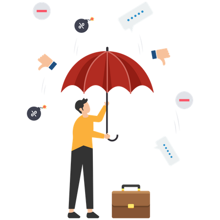 Empresário segura guarda-chuva forte para proteger de feedback negativo  Ilustração