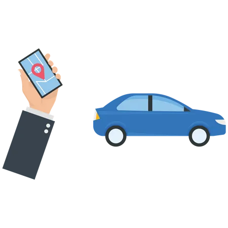 Empresário segura um celular para usar um carro compartilhado  Ilustração