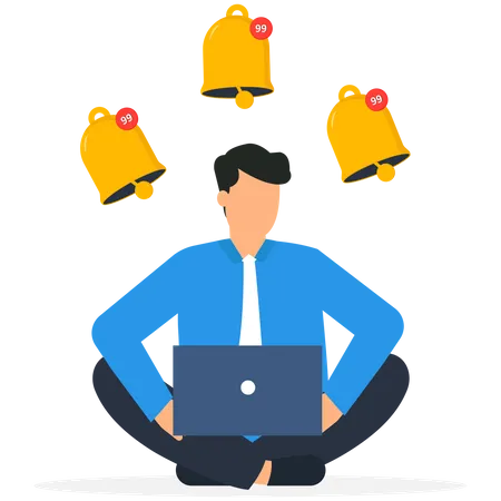 Empresário sentado com laptop e notificações de campainha tocando  Ilustração