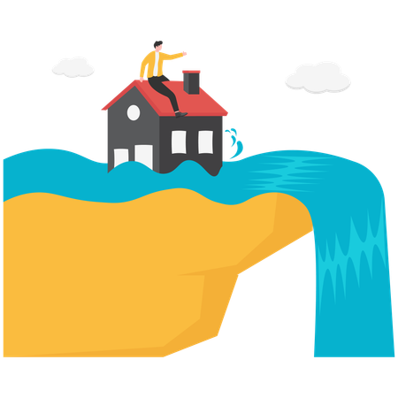 Empresário sentado em casa enquanto o preço da habitação cai  Ilustração