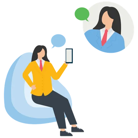 Empresário sentado em uma cadeira se comunica no smartphone  Ilustração