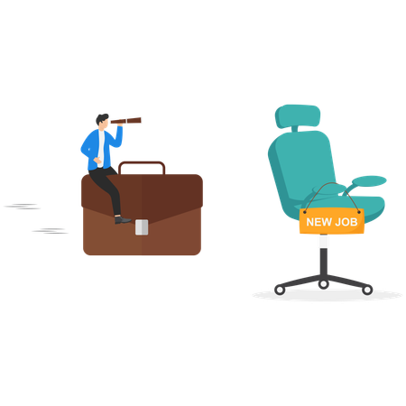Empresário sentado em uma pasta enquanto procura um novo emprego usando binóculos  Ilustração