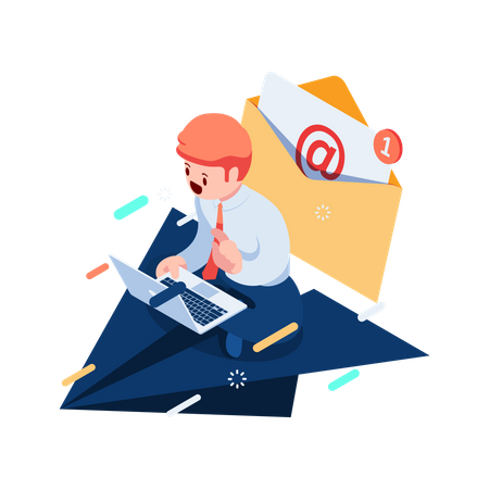 Empresario sentado en aviones de papel usando una computadora portátil con correo electrónico  Ilustración