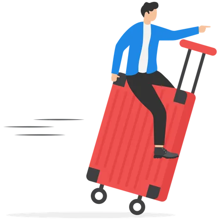 Empresario sentado en una maleta y viajando en la terminal del aeropuerto  Ilustración