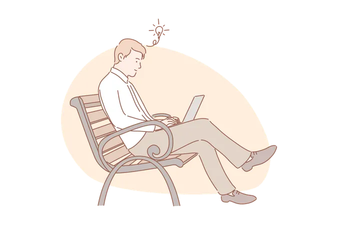 Empresario sentado en un banco y trabajando en una computadora portátil  Ilustración