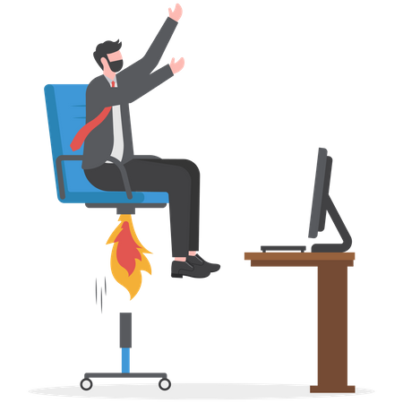 Empresario sentado en una silla de oficina con jetpack o cohete propulsor  Ilustración