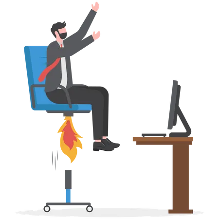 Empresario sentado en una silla de oficina con jetpack o cohete propulsor  Ilustración