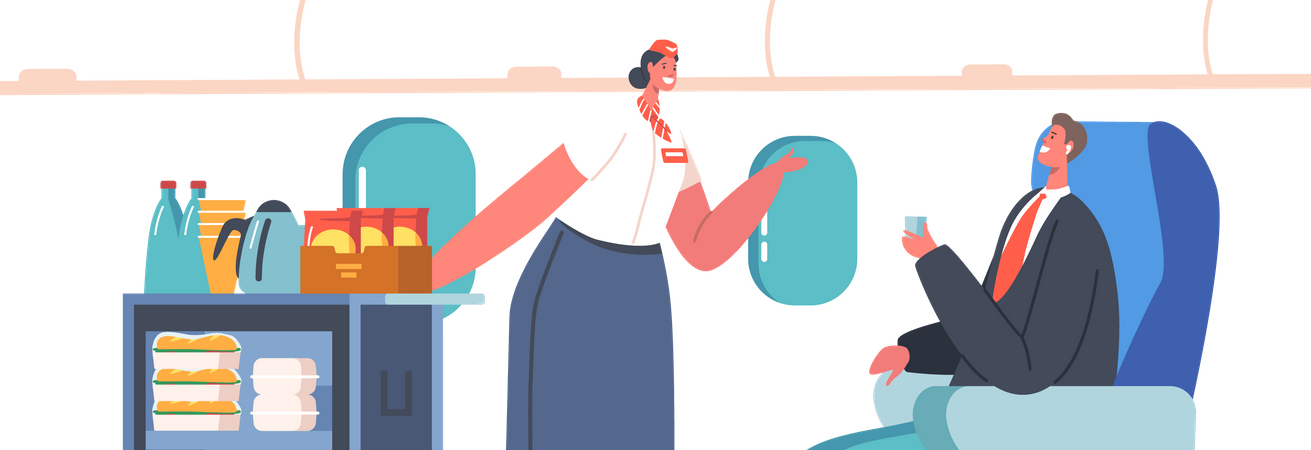 Empresario sentado en una silla en avión  Ilustración