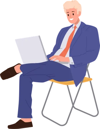 Empresario sentado en una silla usando una computadora portátil para trabajar a distancia en casa  Ilustración