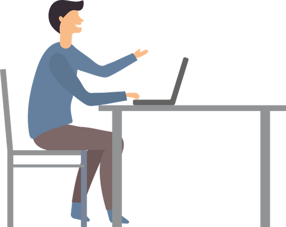 Empresário sentado na mesa e trabalhando no laptop  Ilustração