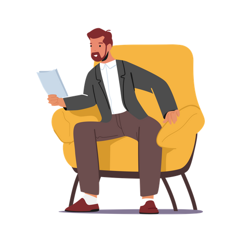 Empresário sentado em uma poltrona observando um documento  Ilustração