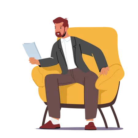 Empresário sentado em uma poltrona observando um documento  Ilustração