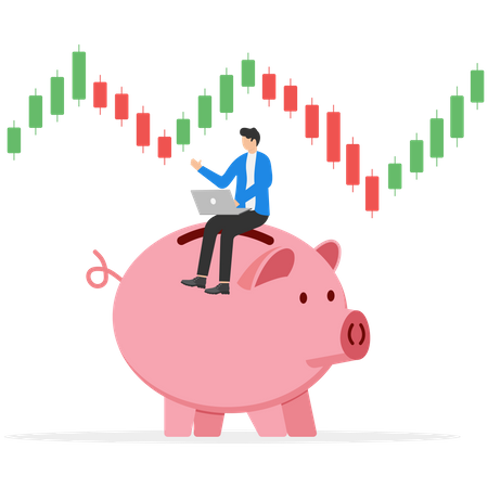 Empresário sentado no cofrinho e fazendo análise do mercado de ações  Ilustração