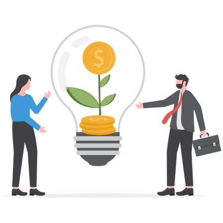 Empresário deixa cair lâmpada de moeda com planta verde muda para investir  Ilustração