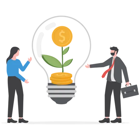 Empresário deixa cair lâmpada de moeda com planta verde muda para investir  Ilustração