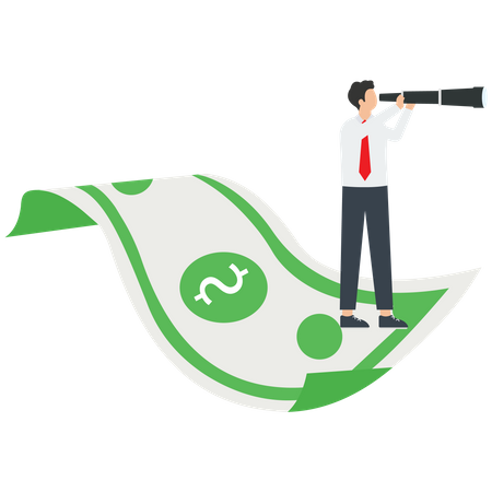 Empresario sosteniendo binoculares de pie sobre dinero flotante  Ilustración