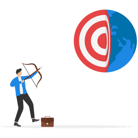 Empresario sosteniendo arco y flecha objetivo de diana para ganar en la estrategia global de negocios  Ilustración