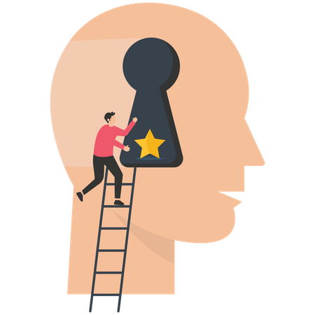 Empresario sosteniendo una estrella para subir la escalera y ponerla en el cerebro del consumidor  Ilustración