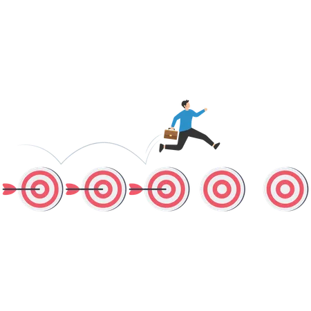 Empresario sosteniendo flecha y arco saltando sobre objetivos alcanzados  Ilustración