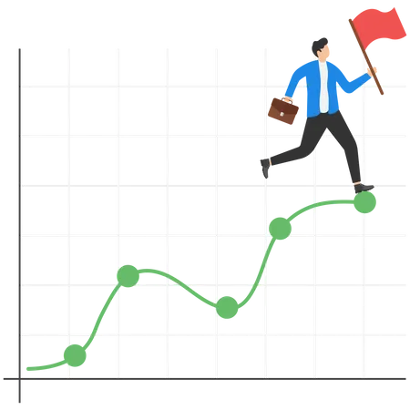 Empresario sosteniendo la bandera de éxito encima del gráfico  Ilustración