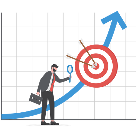 Empresario con lupa ve cómo el negocio aumenta las ganancias  Ilustración