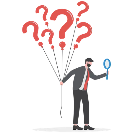 Empresario sosteniendo un globo con signos de interrogación busca soluciones  Ilustración