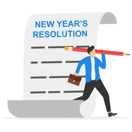 Empresario sosteniendo un bolígrafo pensando en la resolución de año nuevo en papel de bloc de notas  Ilustración