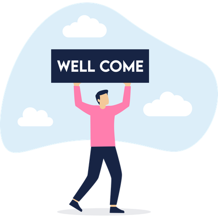 Hombre de negocios sosteniendo un cartel de bienvenida  Ilustración